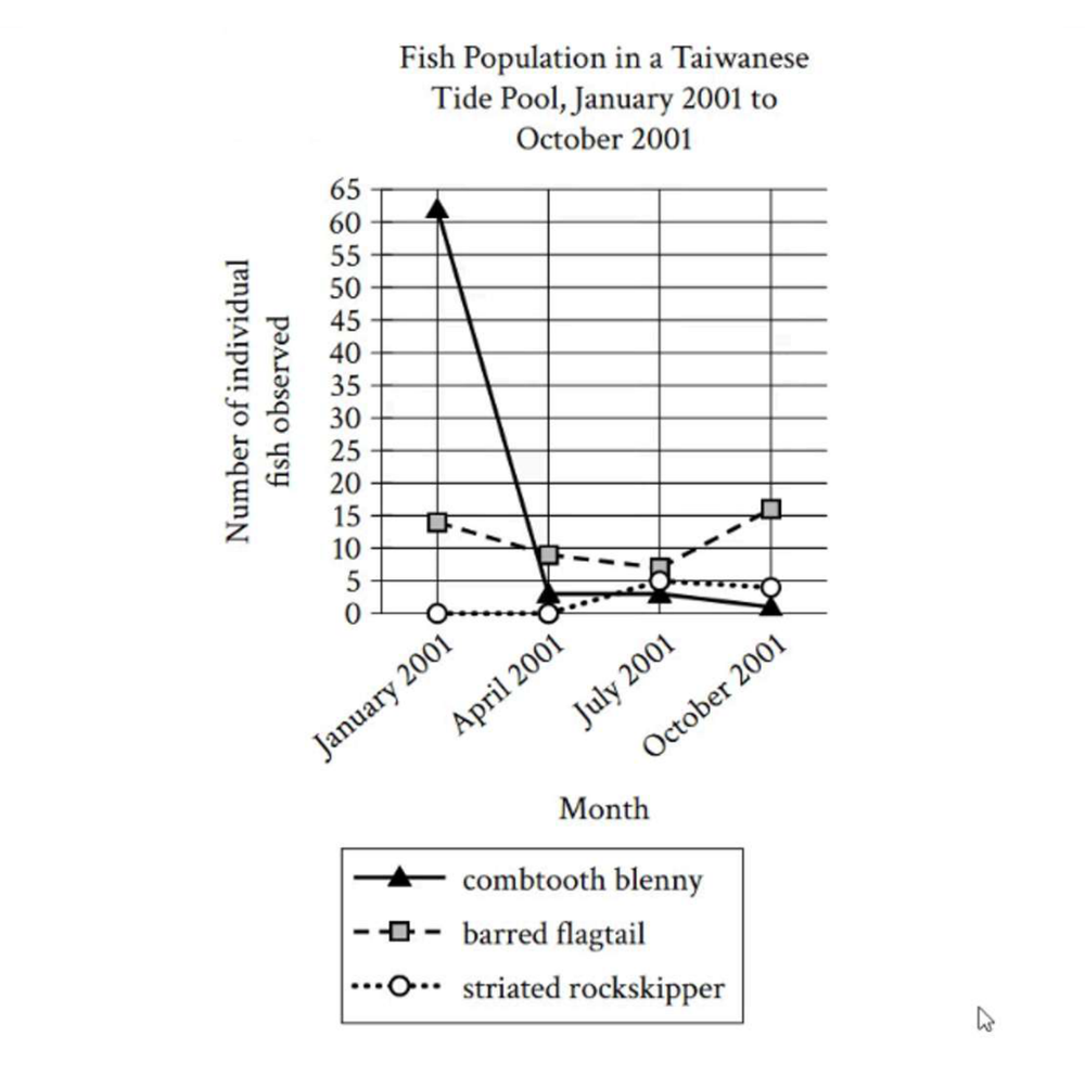 Line graph titled 'Fish Population in a Taiwanese Tide Pool, January 2001 to October 2001.' X-axis: Month (January 2001, April 2001, July 2001, October 2001). Y-axis: Number of individual fish observed, 0 to 65 by 5. Three series: combtooth blenny (solid, triangle markers) spikes to about 62 in January 2001 then drops near 0; barred flagtail (dashed, square markers) ranges roughly 10 to 16 across the year; striated rockskipper (dotted, circle markers) stays low, about 5 in July 2001.